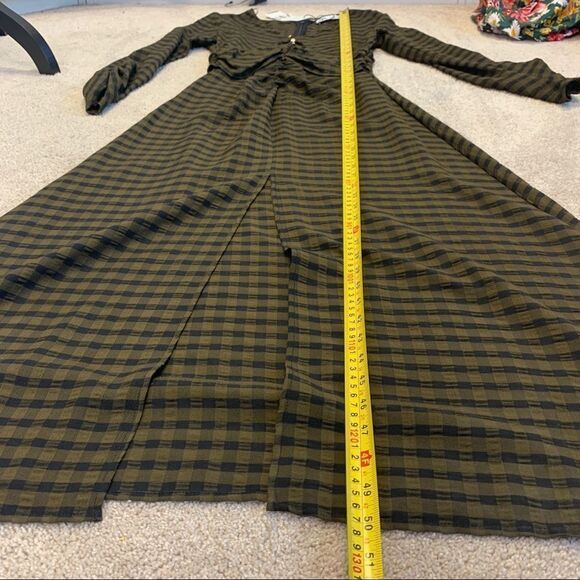 Zara Black brown check draped long sleeve V-neck dress Sz XS NWT New with tag - Picture 8 of 10